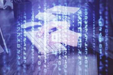 Double exposure of technology hologram with man working on computer background. Concept of big data.