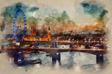 Digital watercolor painting of London skyline at night including Parliament, London Eye and South Bank