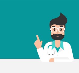 Smiling man doctor with stethoscope and table. Medical internet consultation.