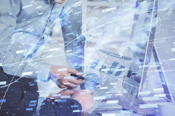 Multi exposure of tech drawings with man working on computer background. Concept of innovation.