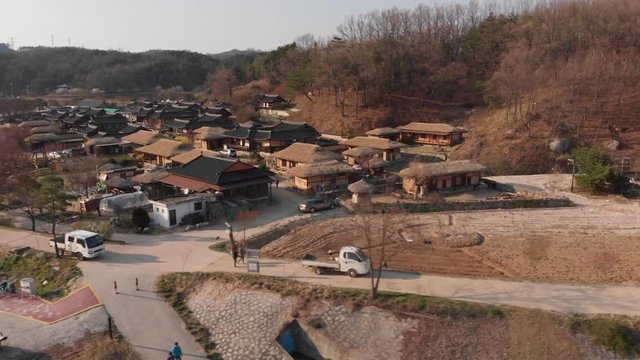 Korean traditional village aerial lateral slide view
