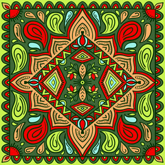 Bright colorful rug ornamental background with traditional pattern. Ethnic ornament. Design for carpet, yoga mat, textile, greeting card, banner.