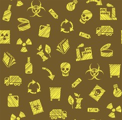 Waste collection and disposal, seamless pattern, pencil hatching, brown, color, vector. Garbage collection, different types of waste. Vector, seamless background. Imitation of pencil hatching. 