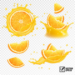 3D realistic set of isolated different vector splashes of orange juice with slices and slices of orange fruit - obrazy, fototapety, plakaty