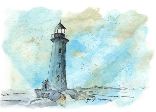 Watercolor lighthouse in a cove. Line and wash technique