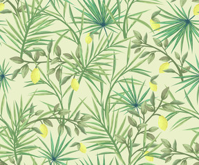 Naklejka na ściany i meble seamless pattern with palm leaves and lemons