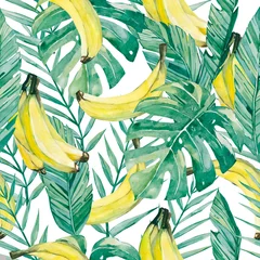 Behang Aquarel fruit aquarel tropische bladeren en banaan. Naadloze patroon zomer botanische fruit banaan voor de textielstof en behang