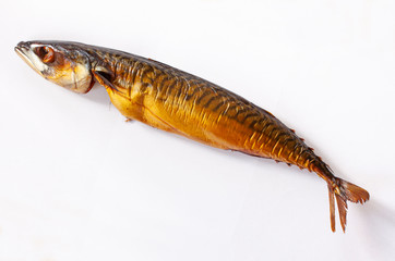 Whole smoked mackerel fish with skin on white background. Fatty, oily fish is an excellent and healthy source of DHA and EPA, which are two key types of omega-3 acid.
