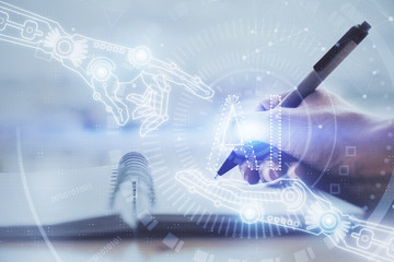 Double exposure of writing hands on background with data solution hologram on front. Technology concept. Close up