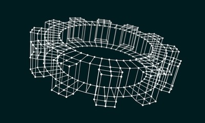 Isometric wire frame gear model. Precision machinery relative backdrop. 3D rendering