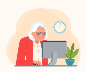 Grandmother using computer. Vector flat style illustration