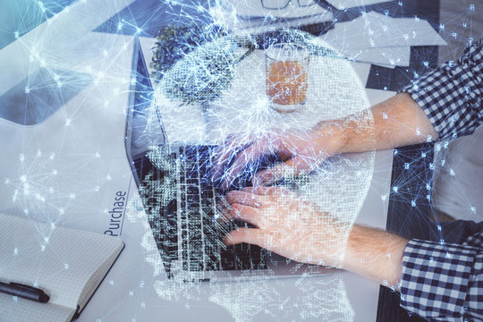 Man with computer background with brain theme hologram. Concept of brainstorm. Double exposure.