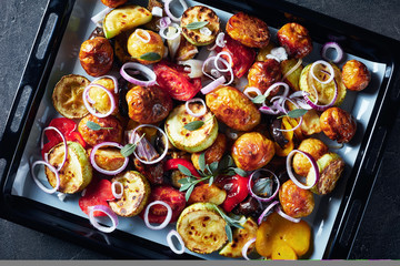  roasted hot vegetables on a baking pan
