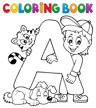 Coloring book boy and pets by letter A