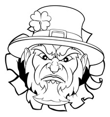 A leprechaun sports mascot tearing through the background.