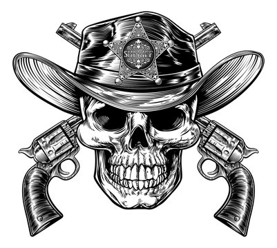 Skull cowboy wearing hat with a pair of crossed hand guns or pistols drawn in a vintage retro woodblock engraved style