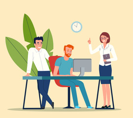 Group of young business people working and communicating while sitting at the office desk. Vector flat style illustration
