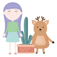 cute deer and girl with exotic cactus in ceramic pot