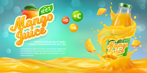 Horizontal banner with 3D realistic advertising of mango juice, a bottle with mango juice among the splashes and a logo