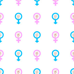 Seamless pattern with male and female, man and woman symbols. Blue and pink colors. Raise fists. Gender equality. Vector illustration for design, web, wrapping paper, fabric, wallpaper.