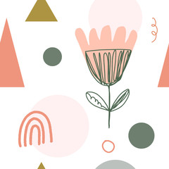 Modern seamless nursery pattern in scandinavian style. Nordic graphic design, unique stylish print for interior, clothes and other decor. Vector and jpg image, clipart, editable isolated details.