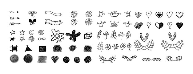 Vector set of hand drawn hearts, crowns, flora, geometric, abstract objects.