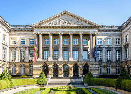 Front view of the Palace of the Nation in Brussels, Belgium, seat of the Belgian Federal Parliament that shares the legislative power of the federal state with the King of the Belgians.