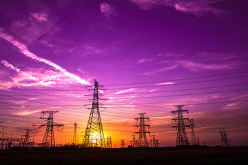 Silhouette of Power Supply Facilities at Sunset