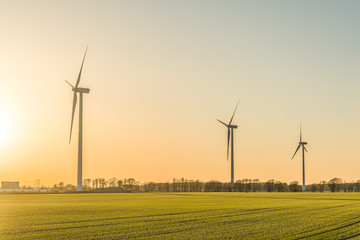 Picture of wind farm generators in the green field close to the road with cars at the sunset