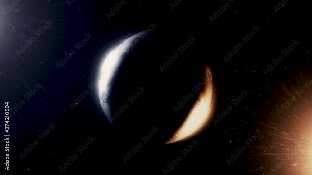 Wall mural abstract rotating planet in the shadow lighted by moon from one side and by sun from the other. anim
