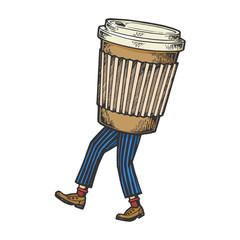 Coffee disposable cup walks on its feet color sketch engraving vector illustration. Scratch board style imitation. Black and white hand drawn image.