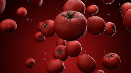 Fototapeta na wymiar 3d render Falling tomatoes with water drops on a red background
