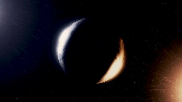Abstract rotating planet in the shadow lighted by moon from one side and by sun from the other. Animation. Beautiful space landscape with celestial bodies, seamless loop.