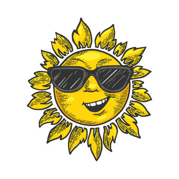 Cartoon sun with face in sunglasses color sketch engraving vector illustration. Scratch board style imitation. Black and white hand drawn image.