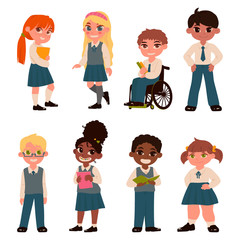 Set of schoolchildren characters isolated on white background. School uniform. Vector illustration