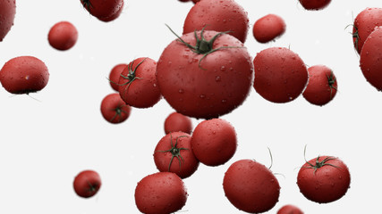 3d render Falling tomatoes with water drops on a white background