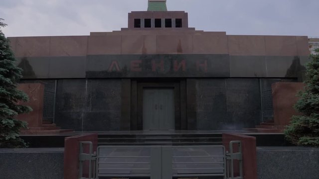 Lenin's mausoleum on Red Square under a gloomy sky on a gray cloudy day. fragment view. Russia.