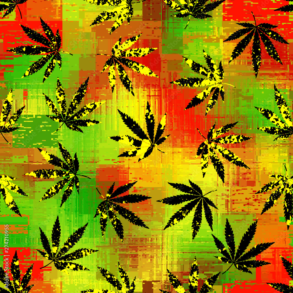 Poster seamless background pattern. rastafarian chevron pattern and grunge hemp leaves.