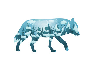 Silhouette of a wolf with a winter landscape inside. Vector illustration on white background.