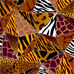 Seamless background pattern. Patchwork pattern of animal textures patches. Vector image