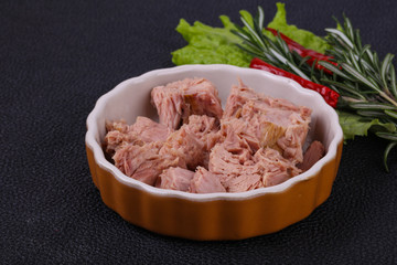 Tasty canned tuna fish in the bowl