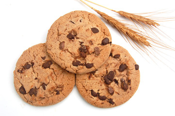 Chocolate chip cookies with chocolate parts from top view isolated on white background