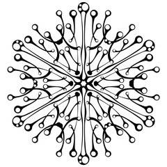 Elegant black snowflake on a white background in the style of hand-drawing. Element to create winter patterns. Design of New Year's greeting cards, Christmas invitations. Printing fabric, business car
