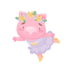 Fototapeta premium Humanized pig in a ballerina lilac dress. Vector illustration on white background.