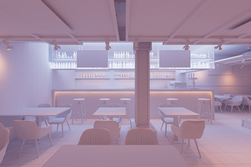 3d illustration. Bar interior in white computer stuff