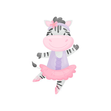 Cartoon zebra in ballerina dress. Vector illustration on white background.