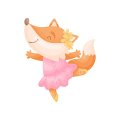 Cartoon fox in a pink dress ballerina. Vector illustration on white background.