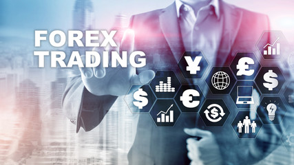 Forex trading currency exchange business finance diagrams dollar euro icons on blurred background.