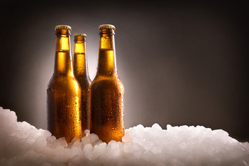 Three full beer bottles on ice and dark background