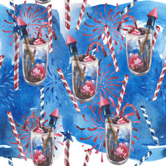 Watercolor seamless pattern of cocktails, straws, fireworks, salutes on an abstract background in the color of the USA star-striped flag. For compositions on the theme of patriotic holidays. 